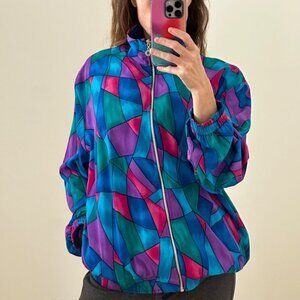 Vintage 80s/90s Multicolored Windbreaker Stained Glass Print Design Sz L/XL